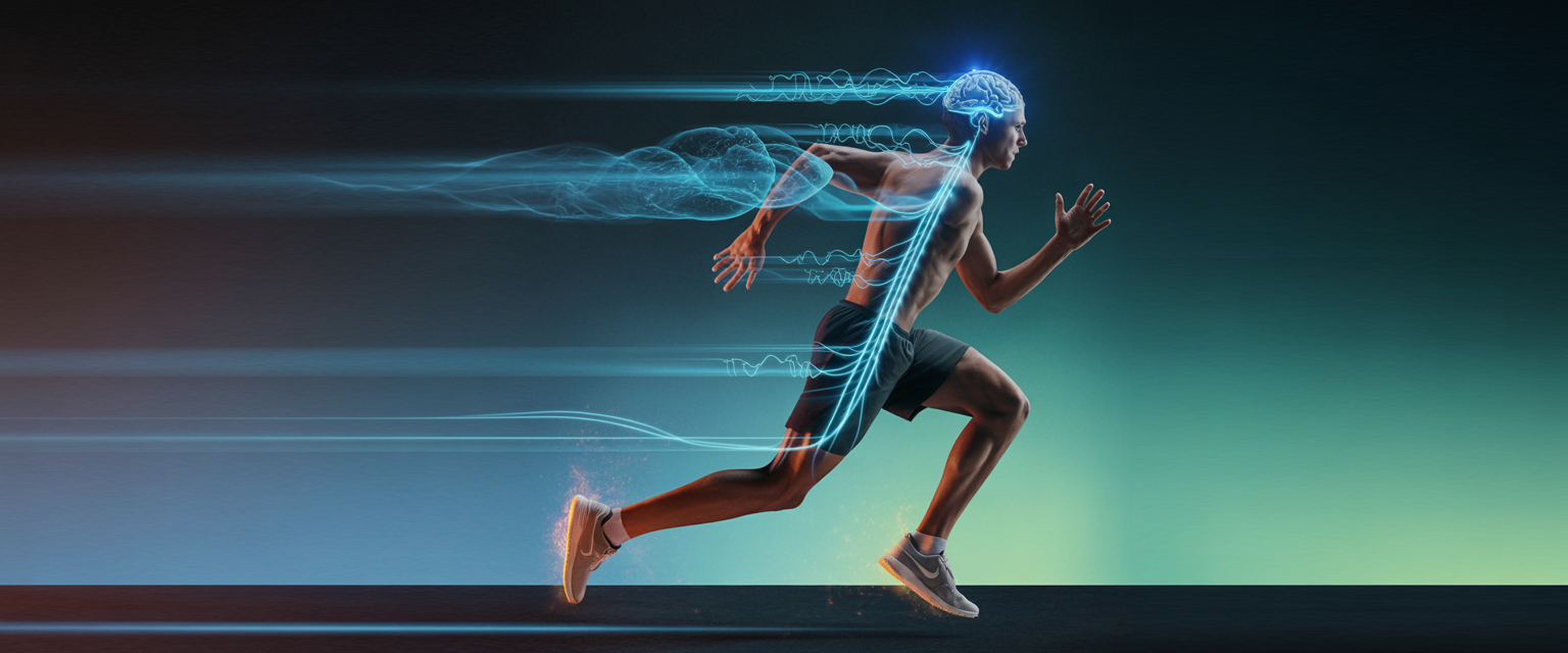 Runner in mid-stride with illuminated brain and neural pathways, dynamic lighting highlights brain-body connection for mental wellness.