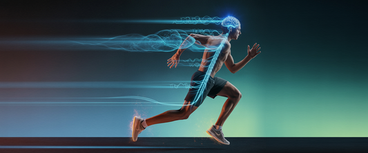 Runner in mid-stride with illuminated brain and neural pathways, dynamic lighting highlights brain-body connection for mental wellness.
