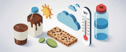 Isometric illustration of a thermometer with a granola bar, chocolate milk, and water bottle, symbolizing exercise nutrition.