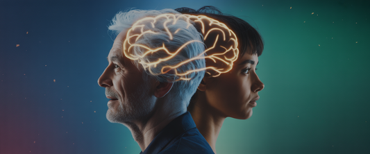 Elderly and young profiles merge with glowing neural pathways, golden threads symbolizing social bonds against an indigo-teal backdrop.