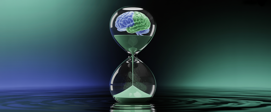 Futuristic hourglass with neural networks and cells flowing into luminous pathways, symbolizing preserved cognitive function.