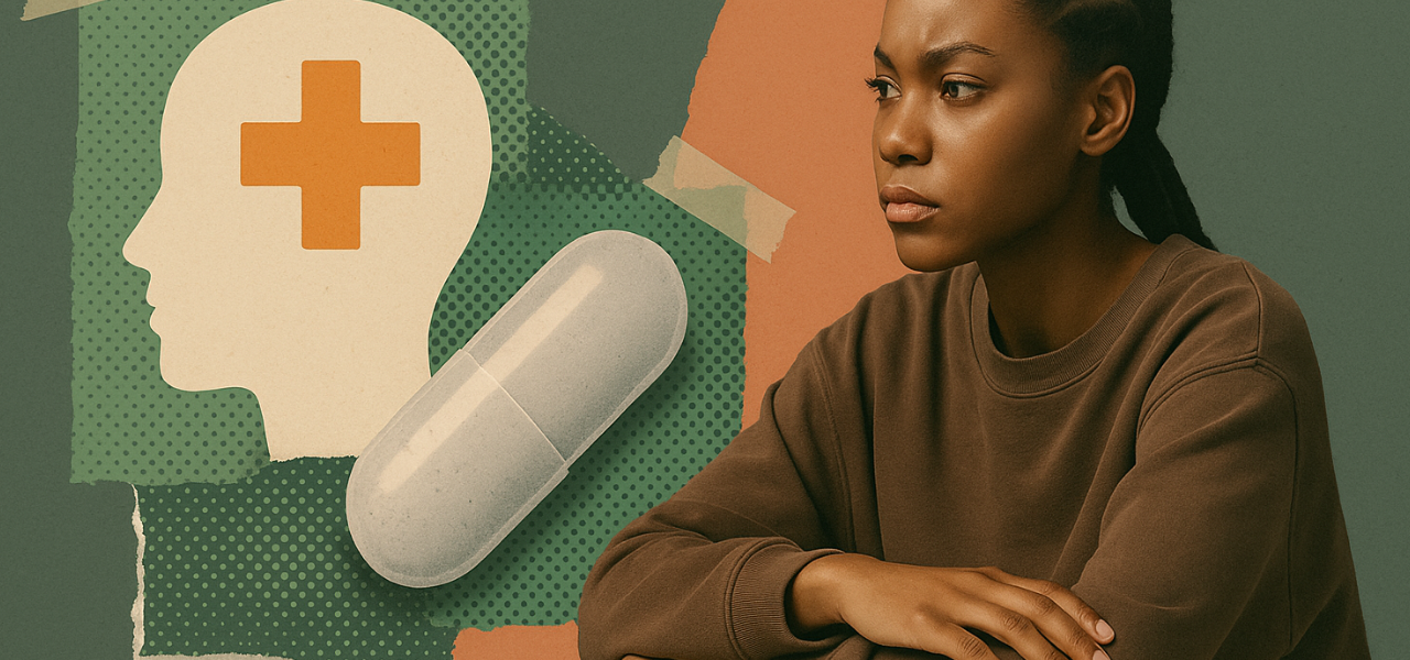 white pill on green background, woman on right