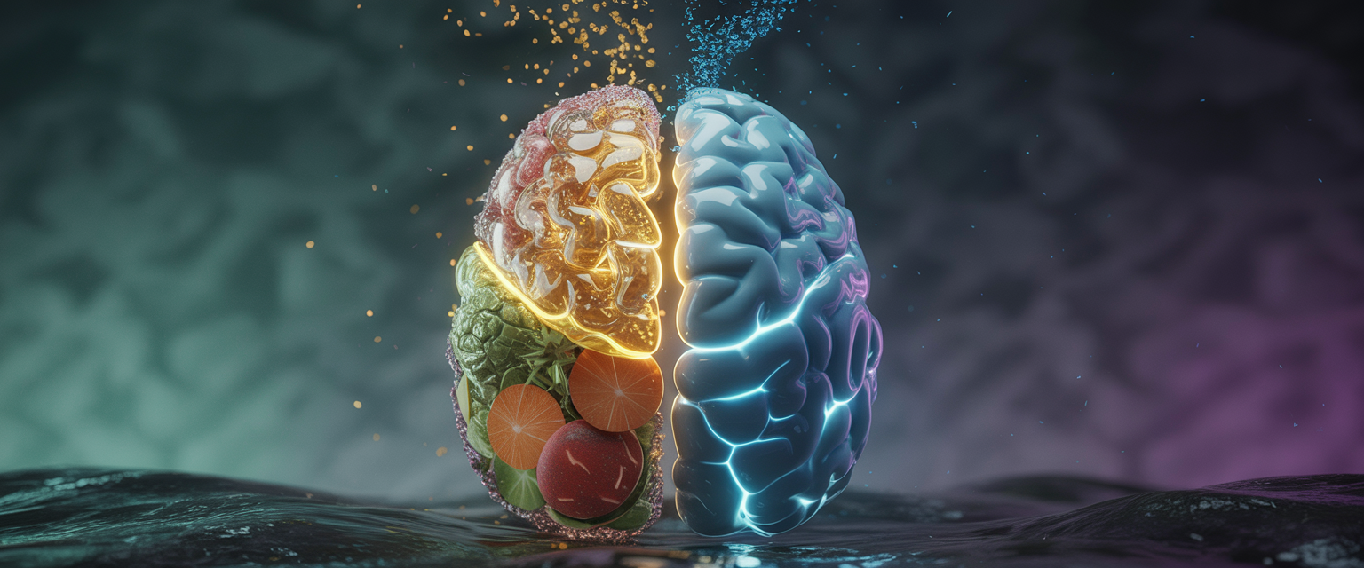Surreal 3D brain of crystals and foods in space, split in light and shadow, gold pathways, set against a teal-purple gradient.
