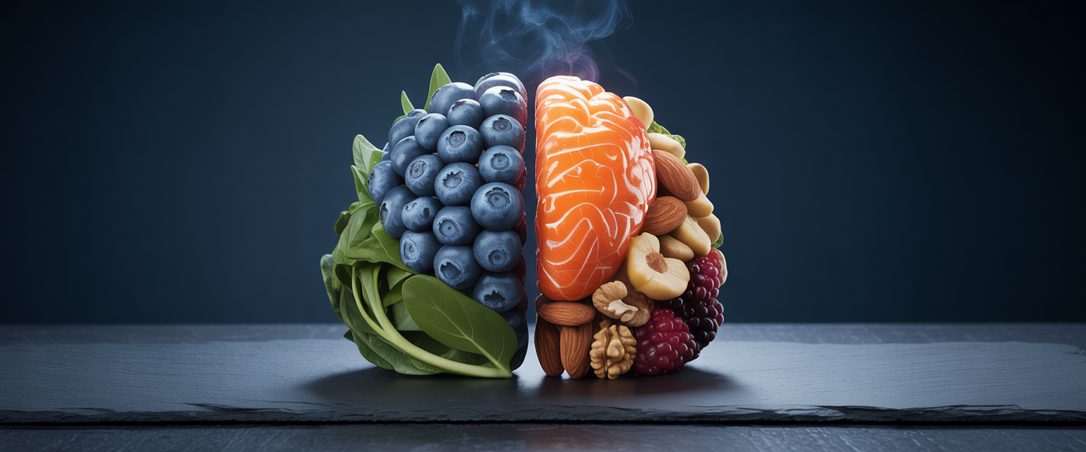 Brain still life with blueberries, nuts, leafy greens, and fish on slate; rich colors suggest freshness and a sophisticated mood.