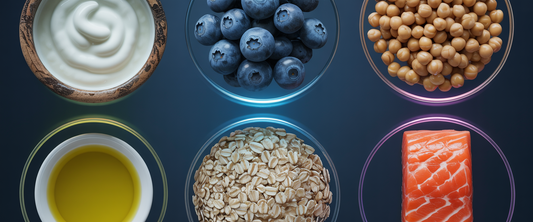 Close-up of six longevity foods: yogurt, blueberries, chickpeas, oats, salmon, and olive oil on an indigo background.