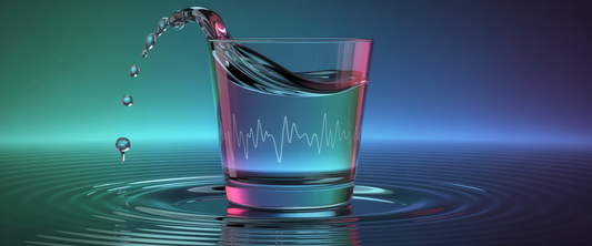 Rippling deep cyan-indigo water with cortisol molecules, prismatic highlights, and cascading droplets under dramatic teal-navy lighting.