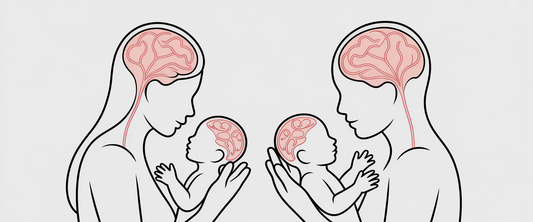 Mother and baby silhouettes connected by glowing neural pathways, symbolizing maternal mental health's impact on baby's brain.