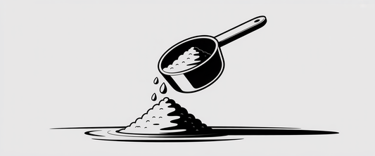 Creatine powder spills from a scoop with water droplets, minimalist line art, against a dark background.