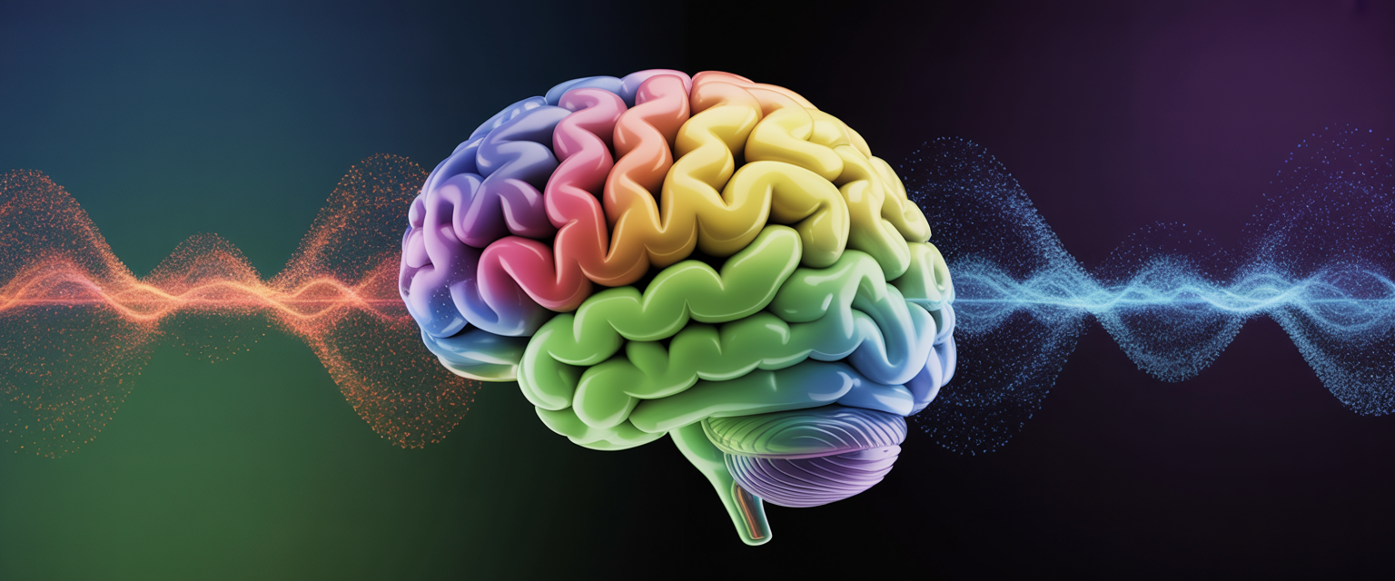 Surreal stylized brain illustration with neon pathways showing fluctuating ADHD activity, set against an indigo-to-black gradient.