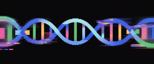 Futuristic blockchain network intertwining with DNA helix, enhanced by digital glitches and cyber color distortions.