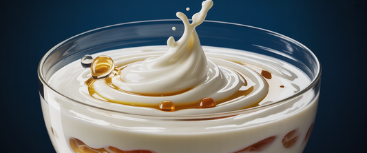 Marbled yogurt with visible protein chains and cultures in glass bowl, set against indigo background with gold-lit bubbles.
