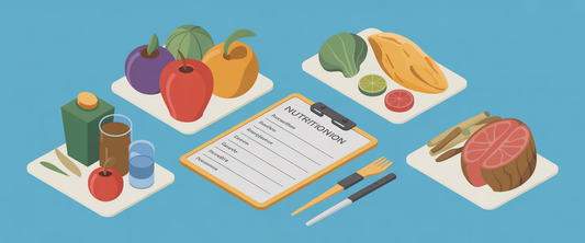 Isometric illustration of nutrition tools and elderly-focused food items, emphasizing geometric precision and vibrant flat colors.