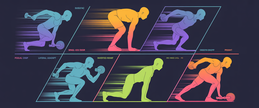 Neon silhouettes perform key exercises in hexagons; motion blur and muscle highlights enhance a premium sports design.