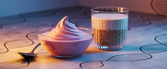 Hyperrealistic yogurt bowl and multigrain smoothie on DNA-etched surface, dramatic lighting, representing longevity through diet.
