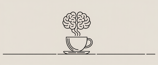 Steam from coffee cup forming brain-like patterns as minimalist line art, emphasizing cognitive boost through caffeine.