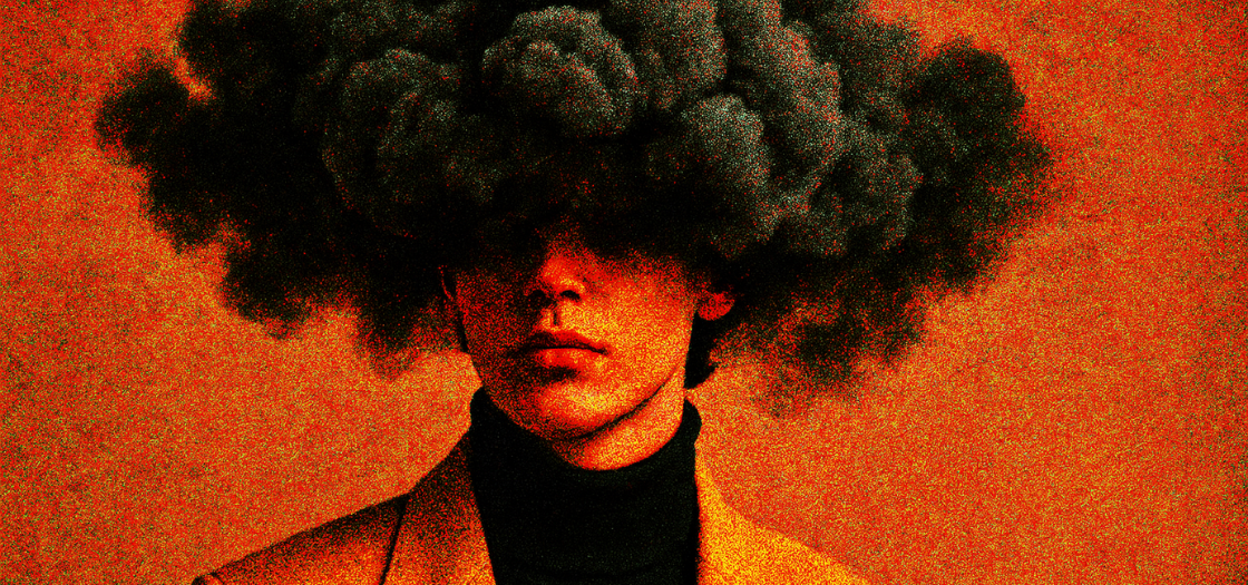 man with head in black storm clouds on orange background