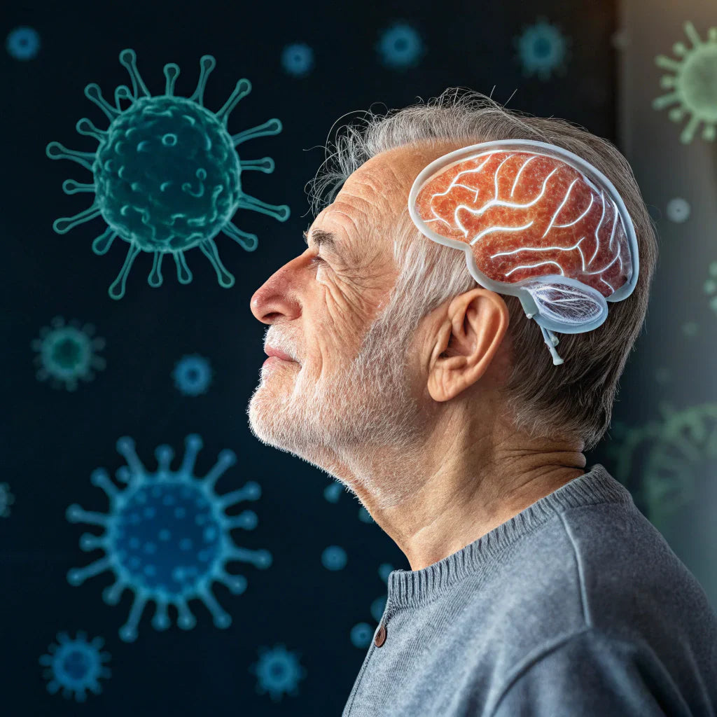 Researcher examining MRI brain scans on a computer, highlighting pandemic-induced brain aging effects.