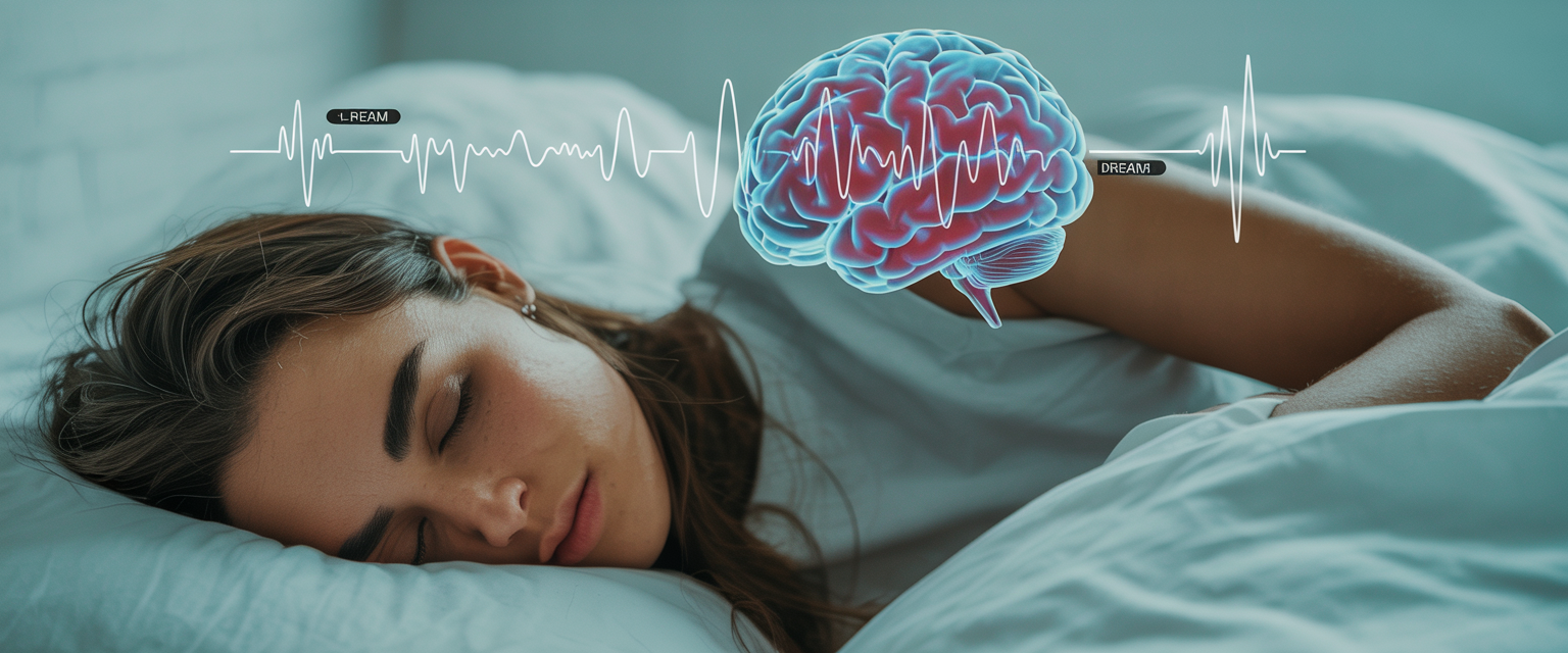 A sleeping person with layered dream scenes and brain wave patterns, depicting interconnected sleep stages in collage style.