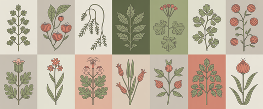 Assorted traditional herbs with ornate botanical motifs, flowing designs, and muted earth tones in Art Nouveau style.