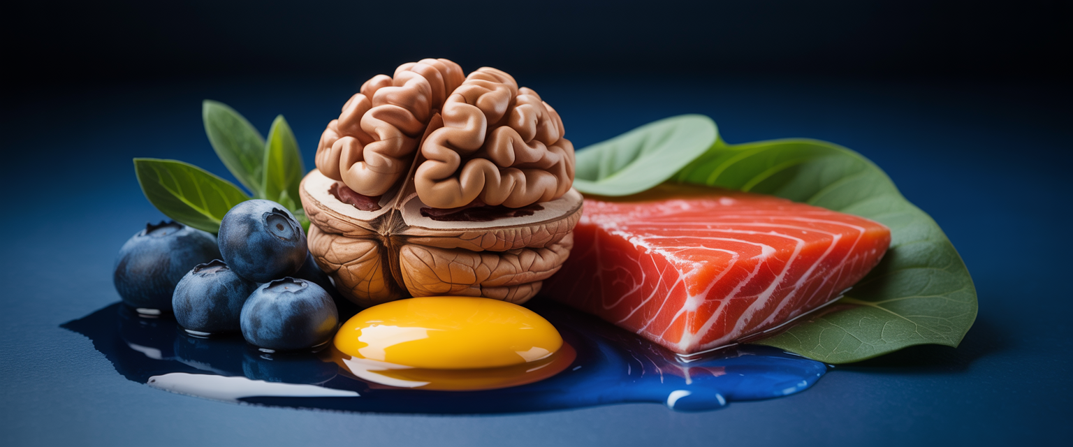 Hyperrealistic still life of walnuts, blueberries, salmon, egg yolk, and greens on navy, enhancing cognitive health foods theme.