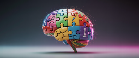Colorful brain puzzle model on dark gradient background, featuring music, art, and dance motifs; vibrant, dramatic lighting.