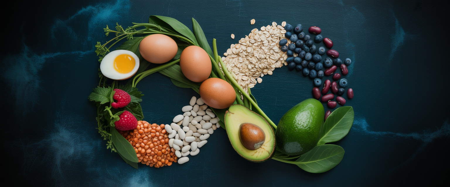 Vibrant whole foods form infinity symbol on slate, featuring eggs, oats, berries, beans, avocado, and greens against a teal backdrop.
