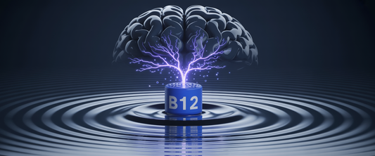 Cobalt blue B12 pill dissolves in water; glowing neural tendrils spread, silhouetted brain in background, capturing vibrant energy.