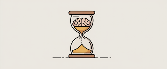 Hourglass with flowing sand morphing into brain cells, illustrating stress-linked brain aging in minimalist line art.