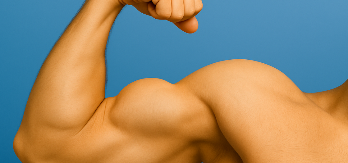 flexing bicep on blue background