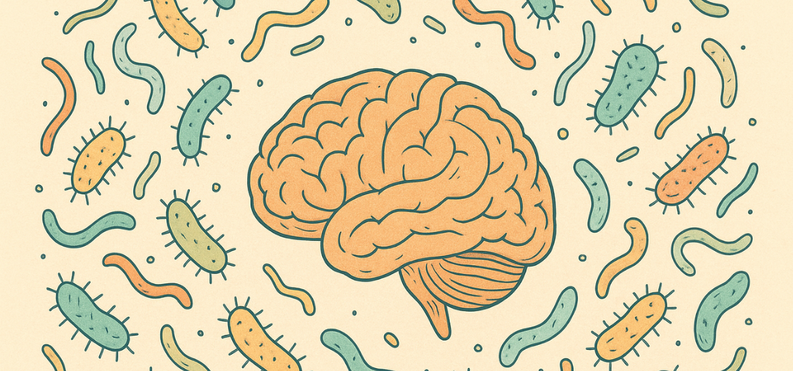 Brain surrounded by bacteria on yellow background