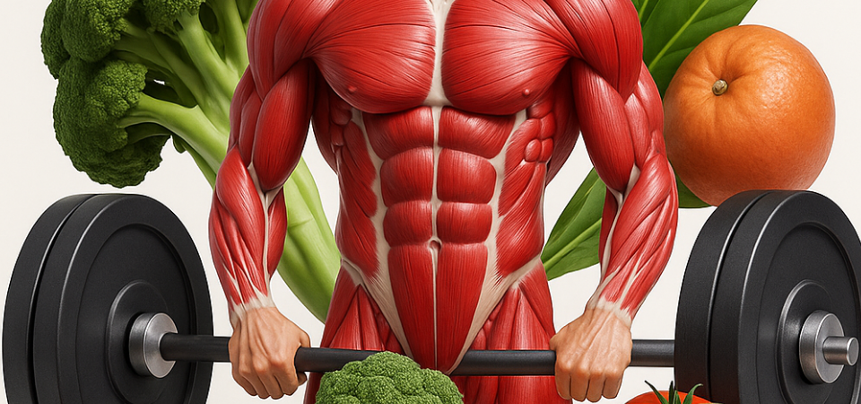 muscle man with weights and food in background