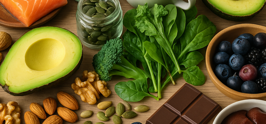avocado, nuts and nootropic foods on table