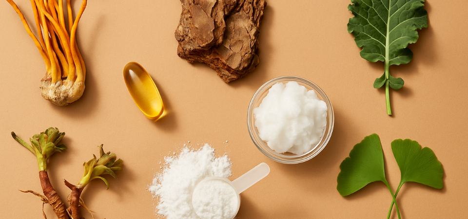 natural nootropic ingredients on tan background