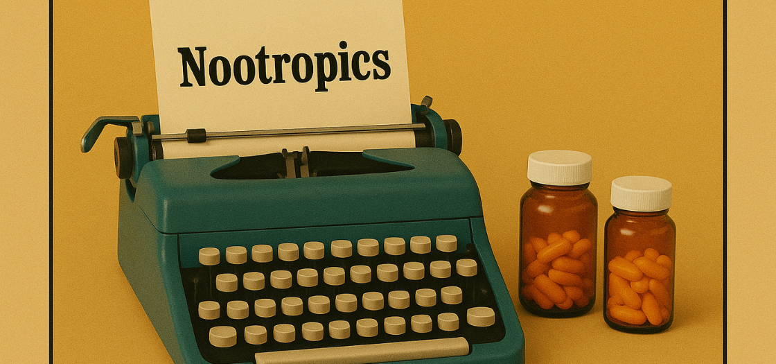 green typewriter with jars of pills next to it and nootropics on paper