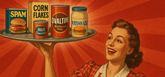 50s housewife holding platter of spam and cornflakes