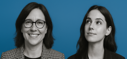 Two women on black and white on blue background