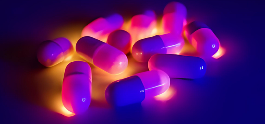 Neon pills on table