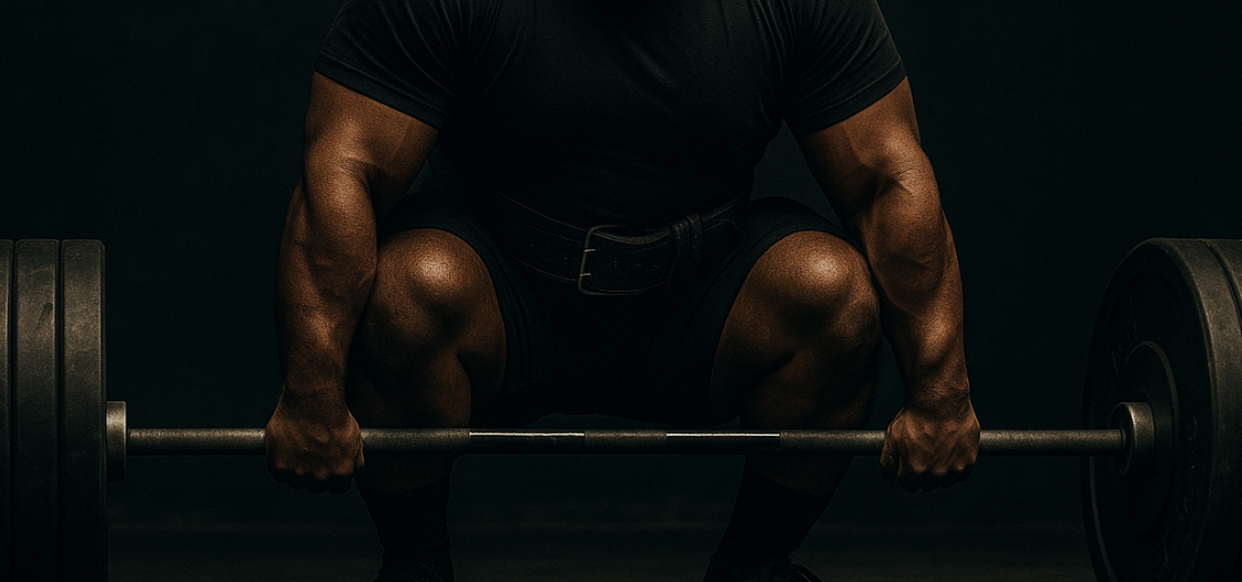 Powerlifter doing deadlift on black background