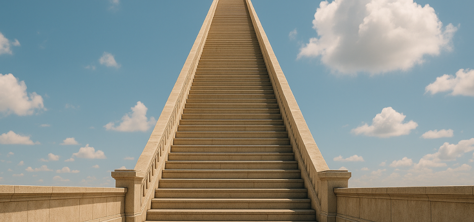 tall staircase with blue sky in background