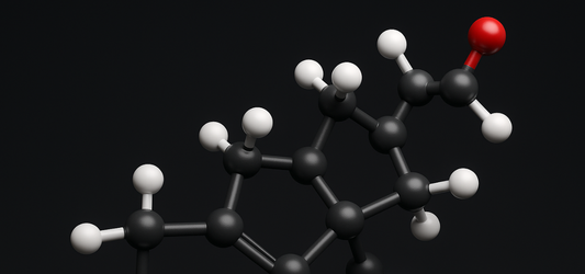 black, white and red molecule on black background