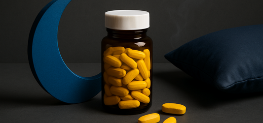 sleep supplements on black background with blue moon
