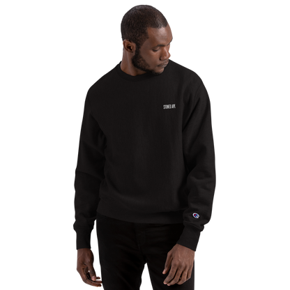 man wearing black unisex stoned ape champion crewneck